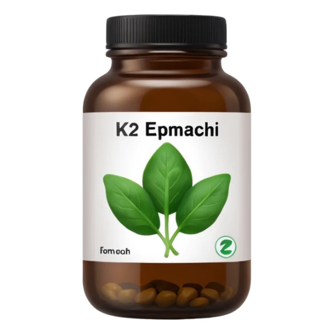 brown glass bottle of supplements with white label, black thin title K2 and small spinach emoji sticker