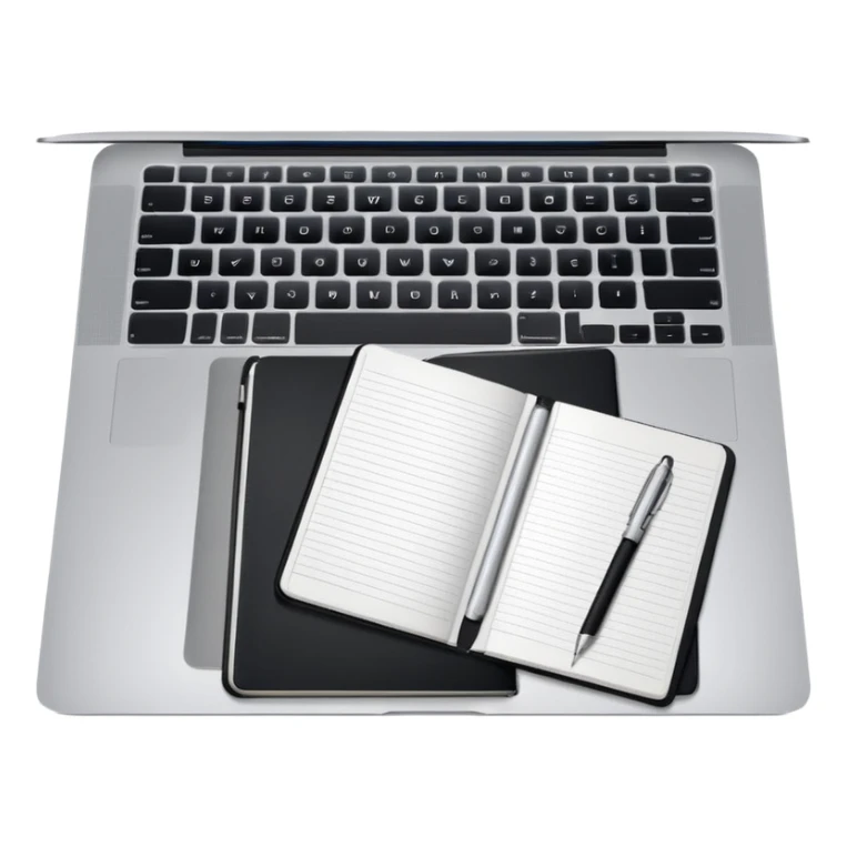 top view of a MacBook and a notebook with a pen nearby, different arrangement sticker