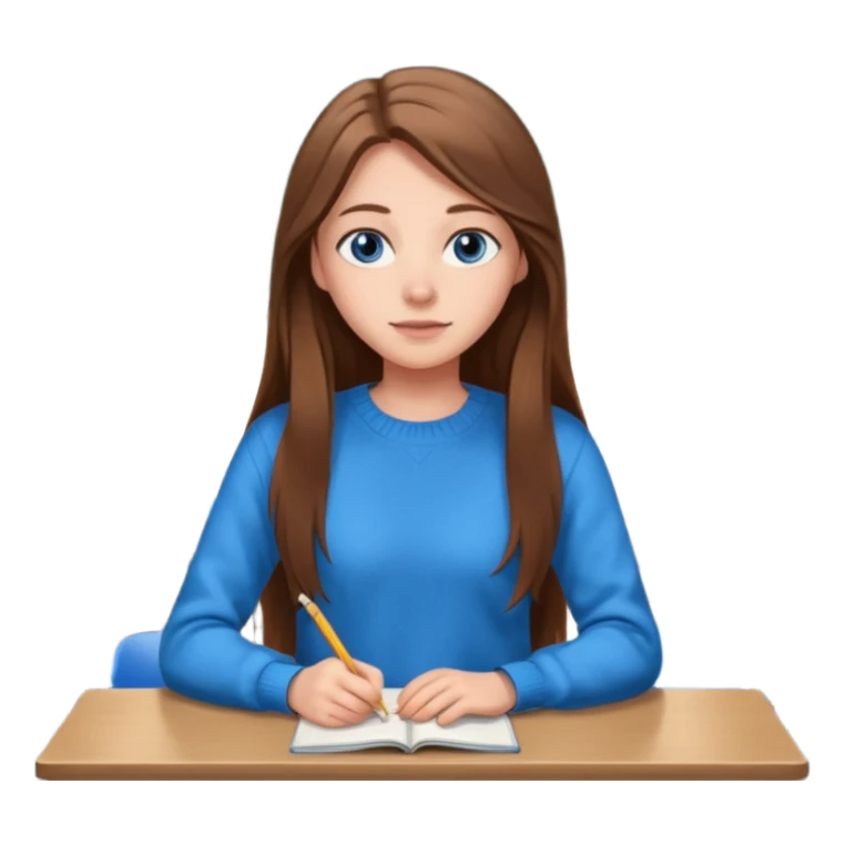 high school class room with a pretty female high school student with long brown hair, blue eyes sticker