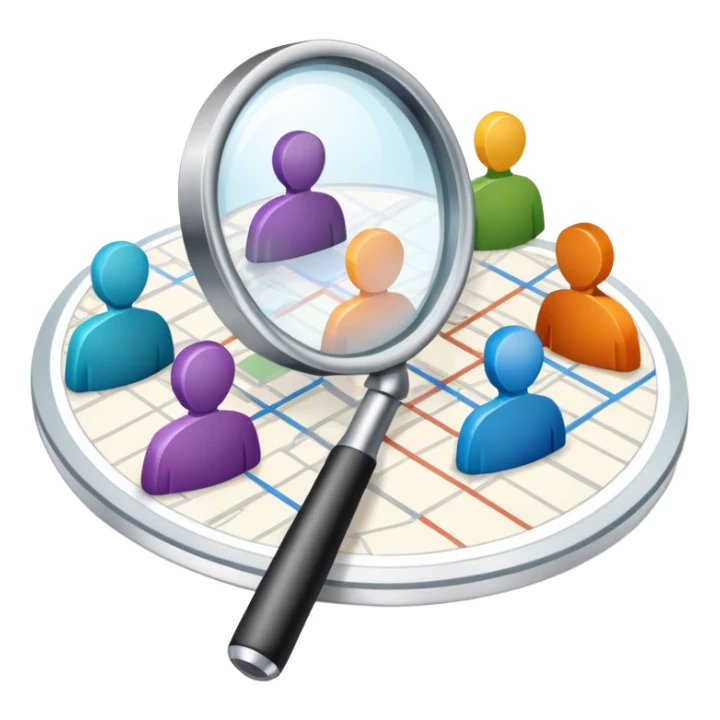 An icon featuring a group of diverse people, a social network diagram, and a magnifying glass, symbolizing sociology. The design includes charts and interconnected lines, representing the study of societies, relationships, and social behavior. Transparent background highlights social analysis. sticker