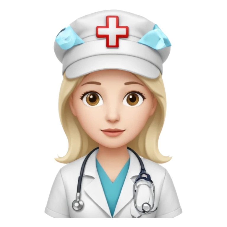 female doctor with white uniform and white hat with hospital logo on hat sticker