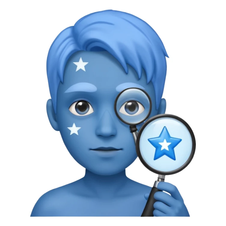 A blue left hand holding a magnifying glass which is showing blue stars sticker