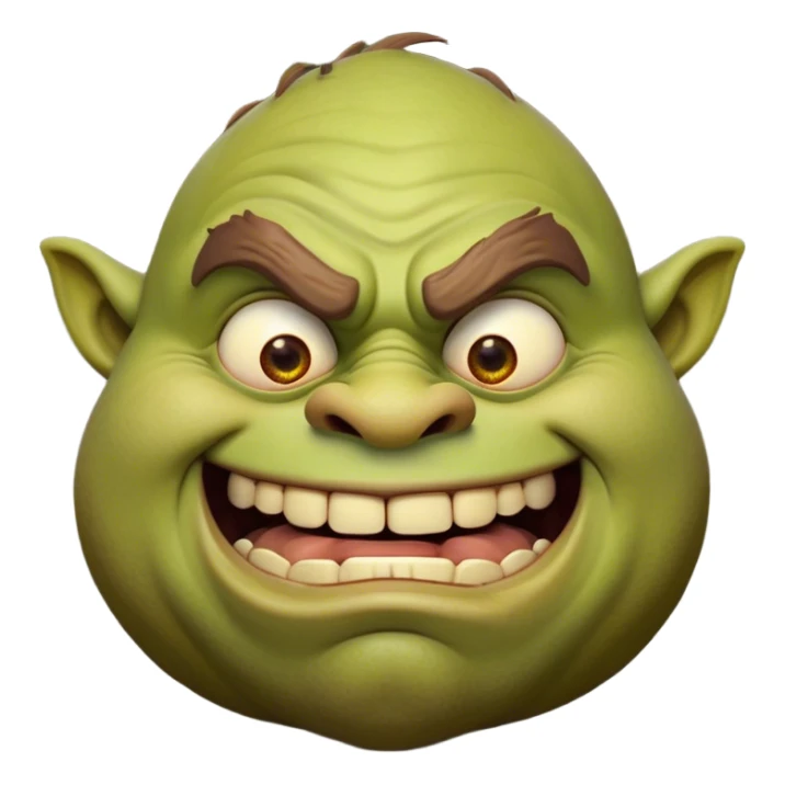 Cinematic Comical Ogre Portrait Emoji, with a strikingly exaggerated, bulky figure in vivid earthy greens and browns, head tilted in a dramatically surprised expression with wide, comically bulging eyes and a goofy, oversized grin, simplified yet hilariously exaggerated, highly detailed with a soft, cartoonish glowing outline capturing the playful absurdity of a meme-worthy ogre! sticker
