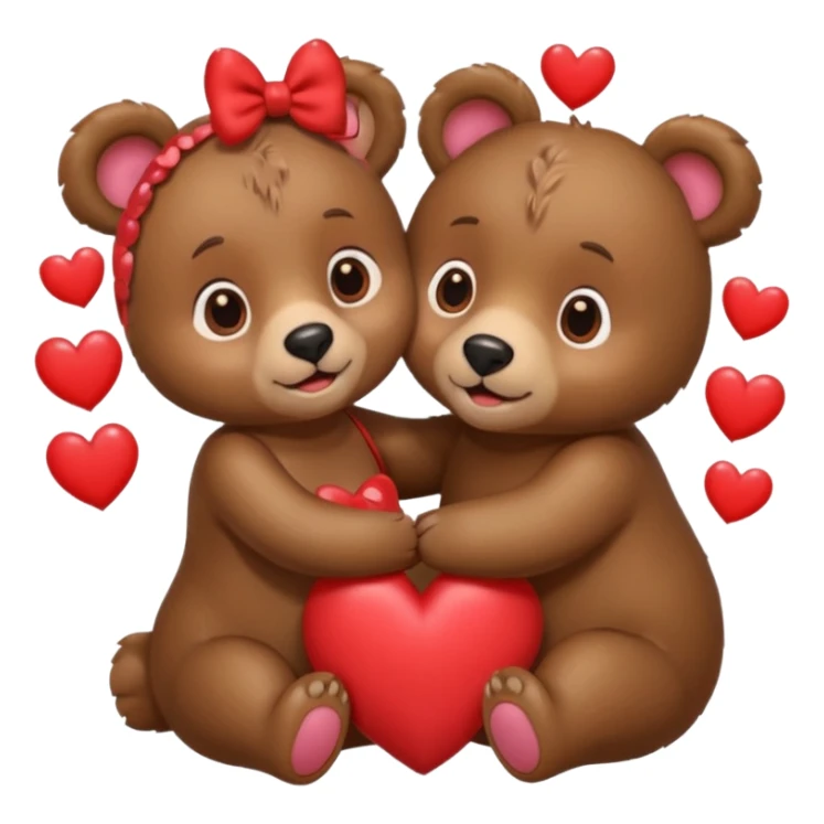 female bear with bow on her head and male bear hugging, couple, surrounded by hearts, playful and loving, cute sticker