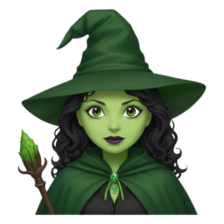 elphaba wicked witch with broom close up, evil dark curly long dark hair, green skin, thick green lips, cheekbones, smirk evil menacing cythia erivo dark aesthetic black hat cloak black broom sticker