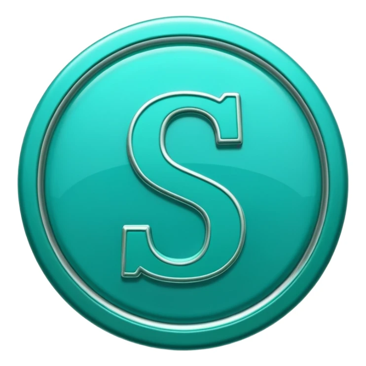 Create a custom emoji badge featuring a stylized, glossy letter “S”. Use the Platinum rank style from League of Legends: teal-green metallics, reflective surfaces, and a futuristic elegant frame. Vibrant and high readability.
 sticker