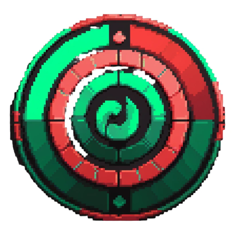 Circular member emblem with green to red gradient swirl pattern and member symbol sticker