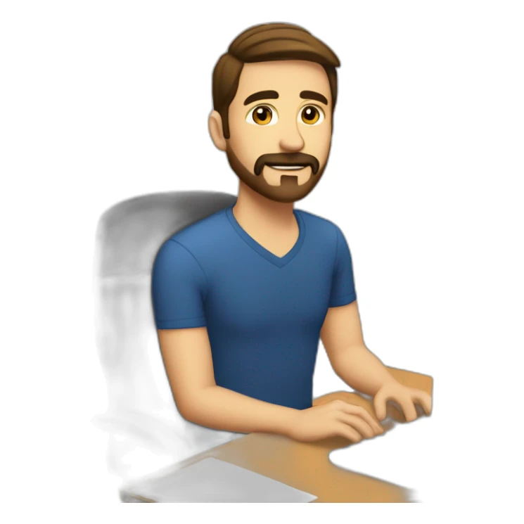 a man with short straight slightly raised brown hair, with a beard and mustache is sitting at a computer in the office sticker