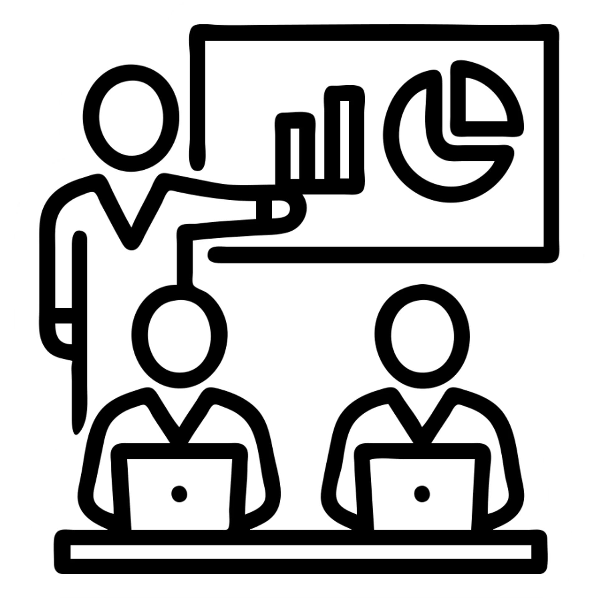 a professional team giving a presentation, with charts and laptops, outlined icon style sticker