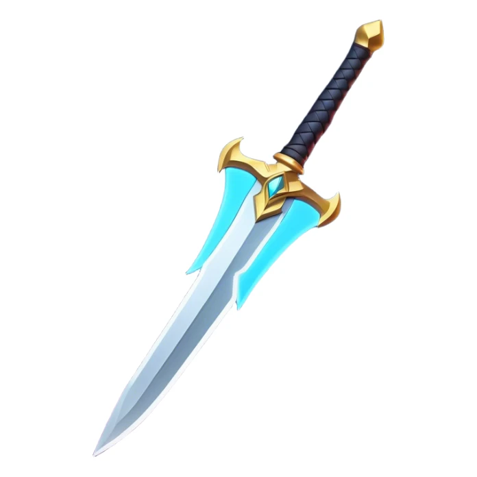 Clash of Clans aesthetic: Cinematic Playful 3D Isometric Sword Emoji, rendered in a 3D vector-style similar to standard emojis with minimal shading and bold, simplified shapes. A compact, distinct form with signature details, softly glowing with a fantasy RPG magic charm. Simplified yet unmistakably iconic, highly detailed and consistent, glowing with a soft radiance and high shine. Stylized with a touch of heroic grandeur and a soft glowing outline, capturing the essence of a beloved gaming relic with a friendly, playful manner! sticker