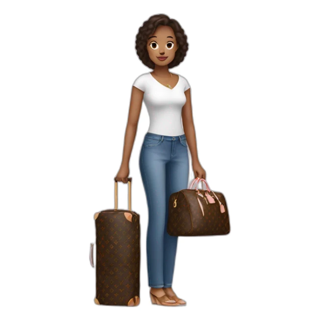 woman holding louis Vuitton travel bag with wheels sticker