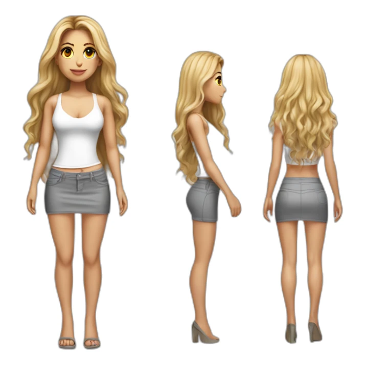 hyperrealistic shakira, long straight hair, white deep v-neck crop tanktop, gray tight mini skirt, frontal body view sticker