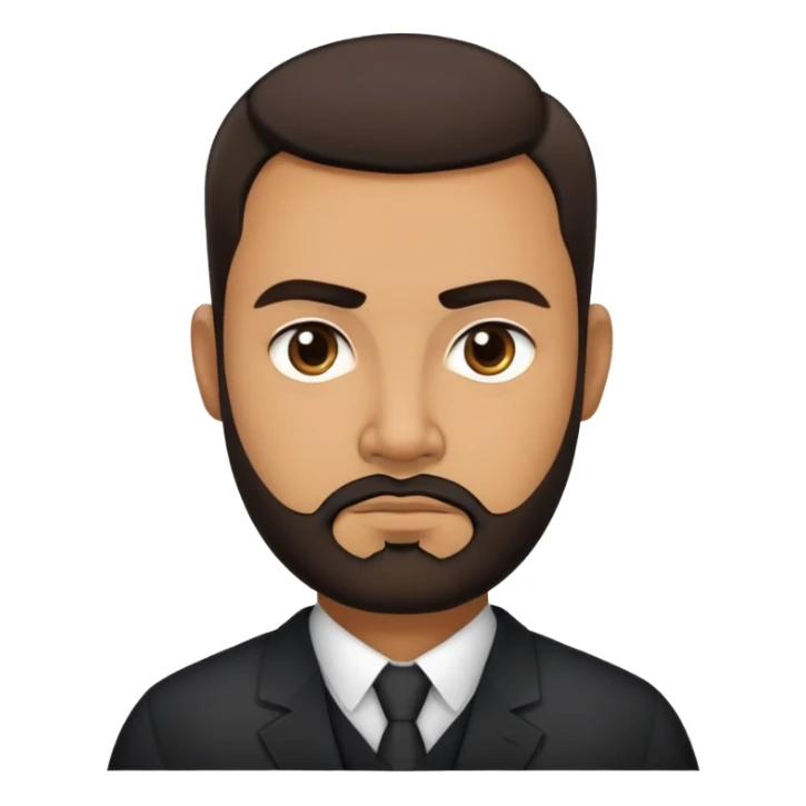 Heavier-set producer with light brown skin, pear-shaped face, full cheeks, serious dark eyes, thick eyebrows, wide nose, confident expression, short well-groomed beard, very short dark hair, wearing a black dress shirt sticker