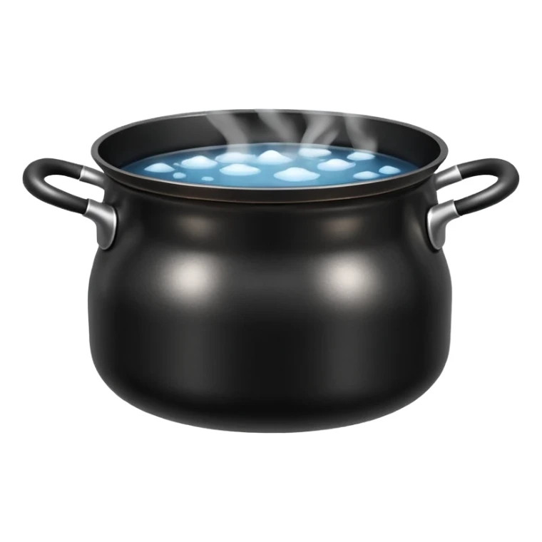 black small metal pot filled with boiling water on a stove, visible hot steam and rising bubbles, realistic heat effect, shiny pot surface, bright lighting, clean white background sticker