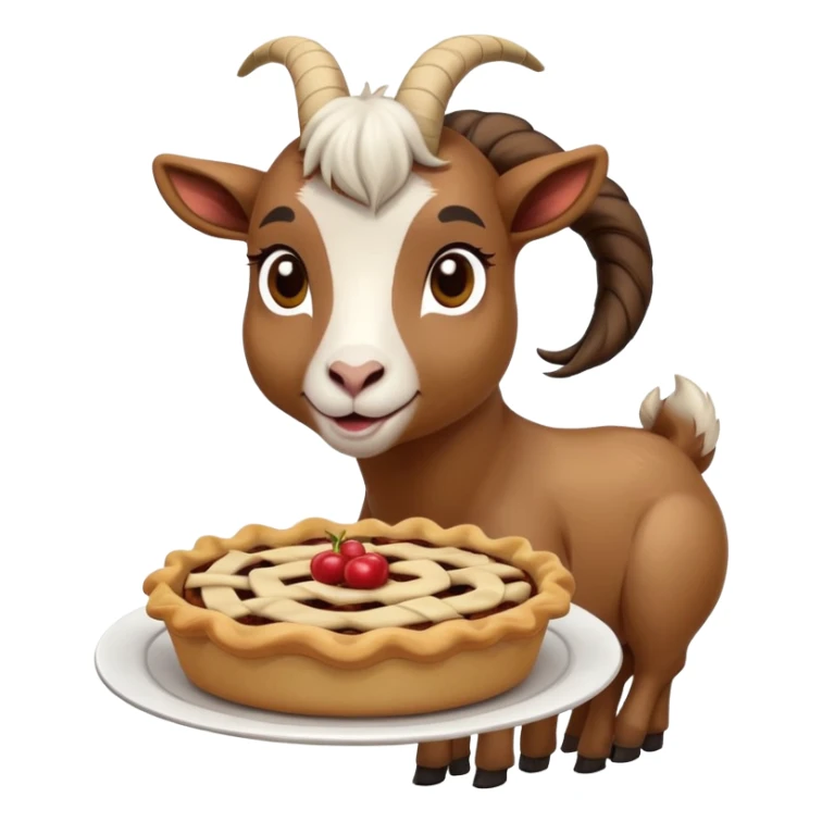 A goat eating a pie with a ponytail sticker