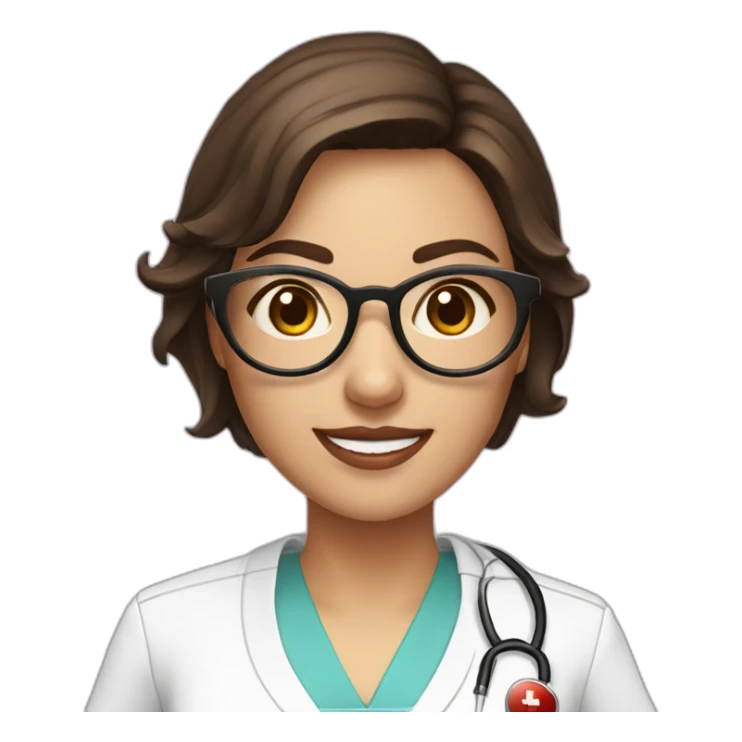 A single smart female nurse with uniform with golden round glasses with short dark brown hair with beautiful smile and pinky lip sticker