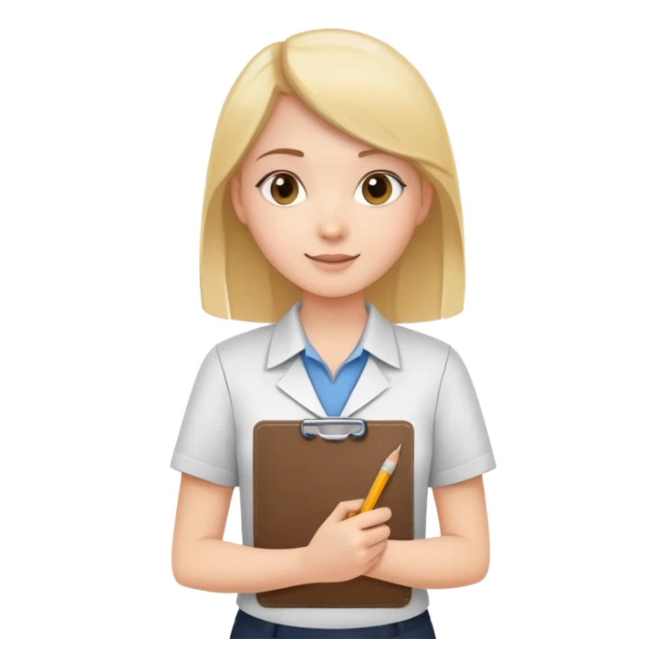 intern or volunteer holding a clipboard and pencil, ready to take notes or assist. The character wears a simple shirt and has an eager posture sticker