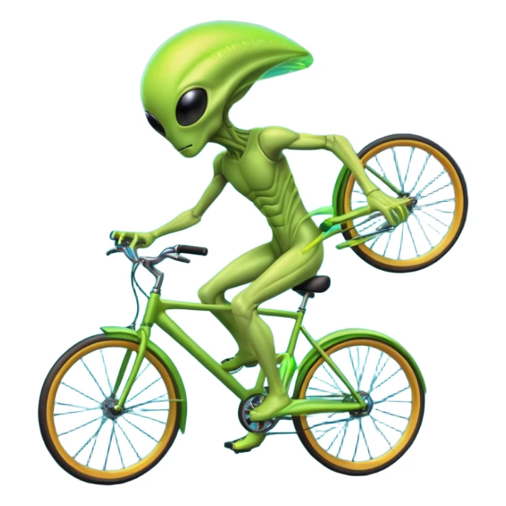 energy alien riding a bicycle, glowing light body, floating energy trails, non-physical alien form interacting with bike, fantasy sci-fi vibe, 3D cartoon, mobile game icon style, clean background, no text, no watermark
 sticker