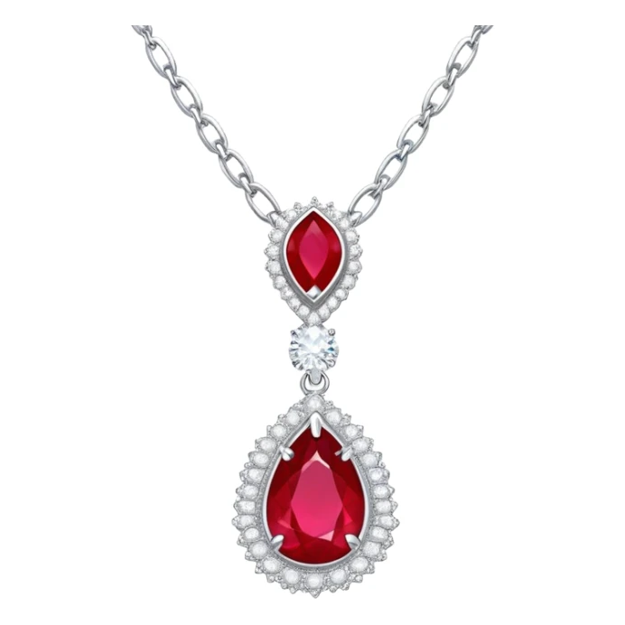 teardrop ruby pendant on silver chain, surrounded by white stones and radiant aura sticker