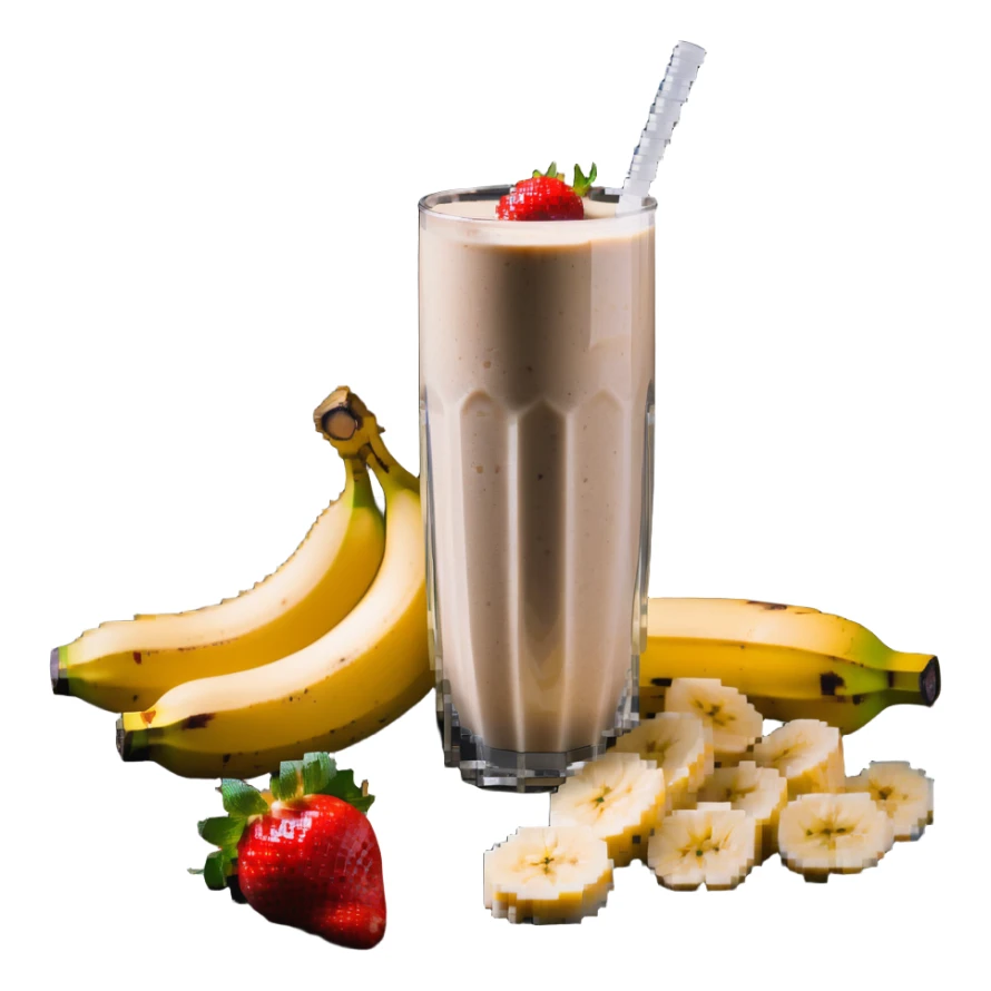 protein shake with banana and strawberries around sticker