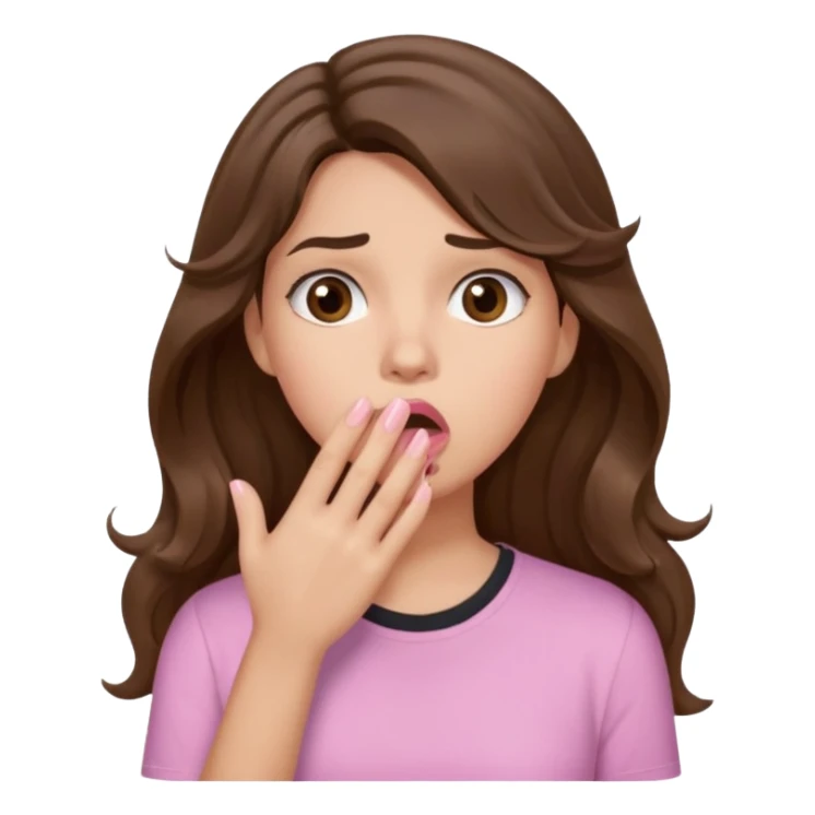 girl with wavy long brown hair, brown eyes, light to medium complexion, long lashes, light pink lipstick, wearing light pink shirt, shocked, hand covering mouth, oh no  sticker