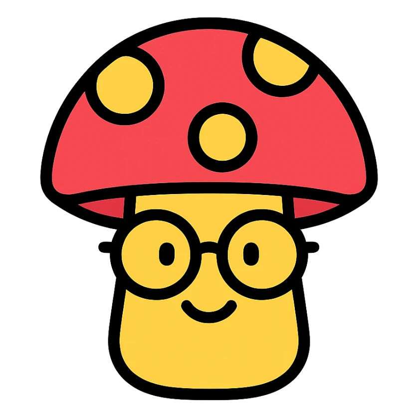 colorful icon of a mushroom with glasses and a smile sticker