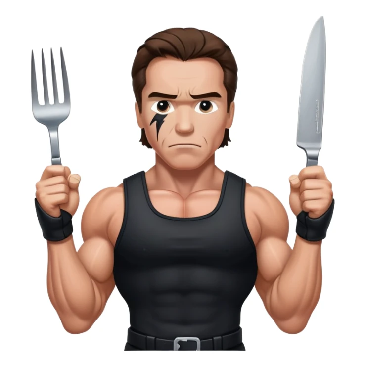 Young Arnold Schwarzenegger from the Commando poster wearing black with war makeup on ready to fight with fork and knife (seen above the chest) sticker