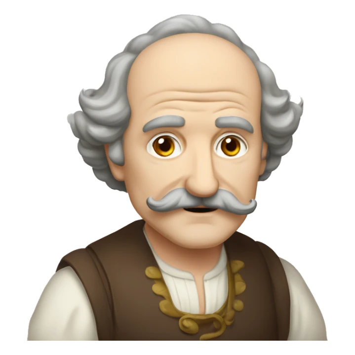 Short pudgy old man over enthusiastic face bald forehead long wavy gray and brown brunette long wavy hair moustache Shakespearean dress vintage clothes hamlet sticker