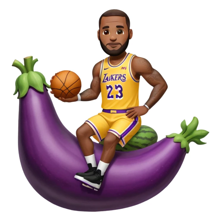 Lebron wearing a lakers jersey riding a big eggplant sticker