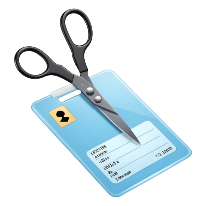 Floating black Scissors cutting a light blue military ID card in 2 parts .hyper realistic sticker