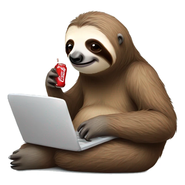 tired sloth with coca cola can and laptop sticker