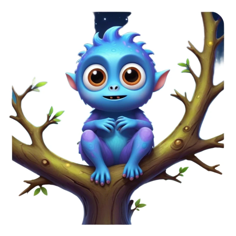3D, create an image of a cartoon monster with big eyes sitting on a tree branch, thomas kinkade and paul lehr, pixar cute character design, by Anne Stokes, splashes of neon galaxies, adorably cute, drew struzan inspiration, 2019, by Wojciech Korneli Stattler, beautiful mattepainting sticker