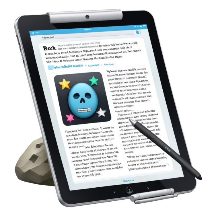 Create an emoji representing fanfiction writing. The design should feature a tablet with a screen displaying images of rock and movie stars, symbolizing the inspiration from popular culture. Next to the images, there should be visible text representing the fanfiction being written. A stylus should be placed near the tablet to emphasize the act of writing. Use a creative and expressive color palette with vibrant and neutral tones. Do not include any emojis or smiley faces. Make the background transparent. sticker