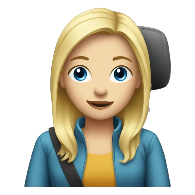 blonde girl in car interior with blue eyes sticker