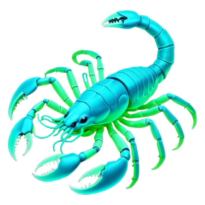 3D render of Radioactive Scorpion, bioluminescent deep sea style, glowing neon blue and green lights, dark background to contrast the glow, translucent organic textures, more emission. sticker