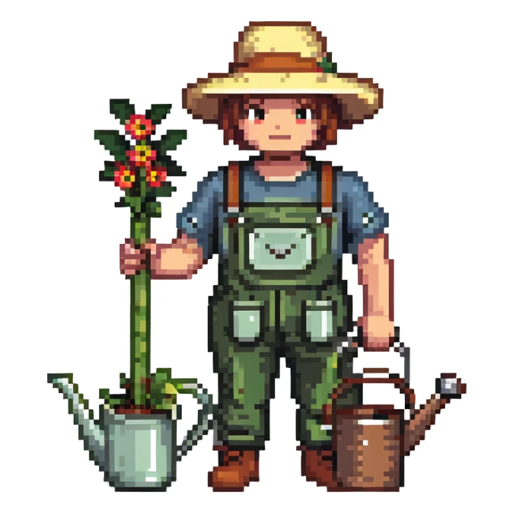 gardener character with straw hat, watering can, and gardening tools sticker