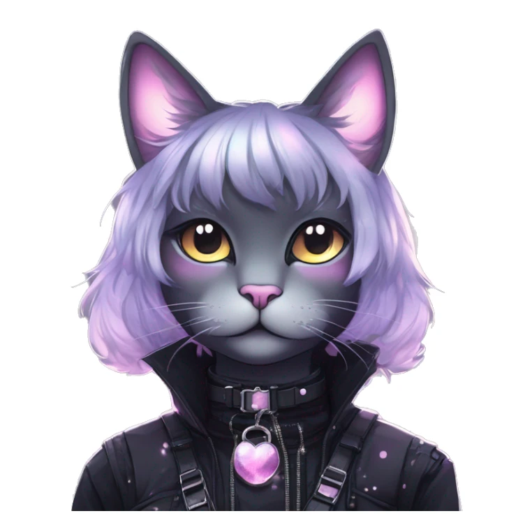 Gorgeous sparkly ethereal shiny gradient gothic dark techwear anime style anthro cat with blushing face aesthetic and pretty edgy black with collar and harness trending style sticker