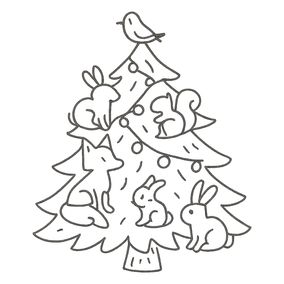 pine tree decorated with soft woodland critters including bunnies, foxes, squirrels, and birds in a soft hand-drawn style sticker