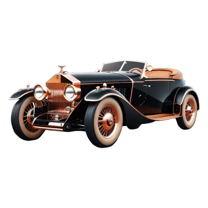 Dark black Bare bones streamlined sporty (stripped down) hot rodded inlaid rose gold and wood accentuated sporty 1932 Rolls Royce with futuristic electric spaceship plasma neon glowing motors and lightening dynamos with wide racing wheels that are held strong by advanced suspension and steering sticker