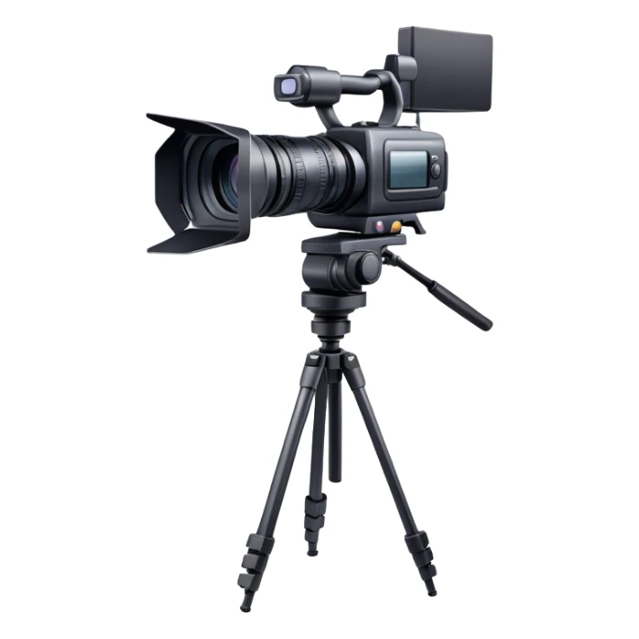 Create an emoji for video recording. Show a  single lens professional video camera with screen and image on it, on heavy tripod. Use modern, professional colors. Do not include any emojis or smiley faces. Make the background transparent. sticker