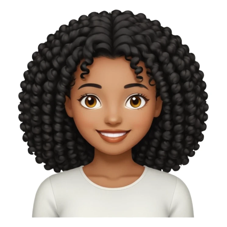 a young woman.She has voluminous, curly black hair long that frames her face beautifully. Her skin tone is black light and glowing, and she has a subtle, natural makeup look. She’s smiling softly at the camera. She is wearing a white top sticker