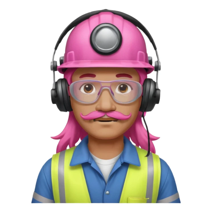 construction worker with long pink hair and ppe headphones and mustache sticker