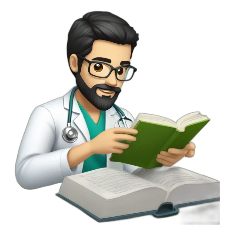 young spanish surgeon with black hair, black beard and stethoscope,reading a book sticker