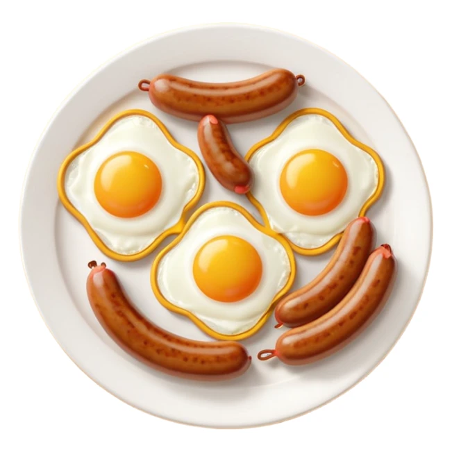 sausage and eggs object icon, fried eggs with sunny yolks, grilled sausages, warm breakfast vibe, delicious food presentation, 3D cartoon style, mobile game icon style, centered, clean background, no text, no watermark
 sticker