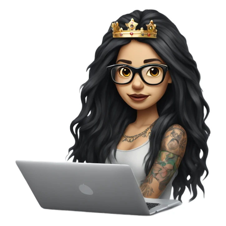 Hyperrealistic girl with black long hair wearing a crown and glasses tattoos laptop sticker