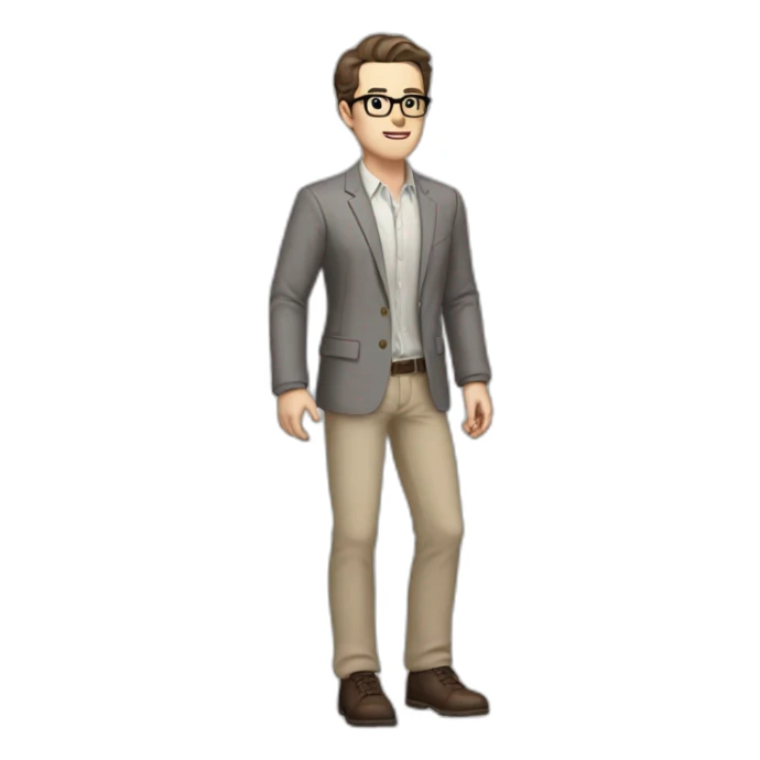 Full height Pale skinned Fit Man With dark brown hair in gray classic jacket, beige office shirt, Brown pants and vintage glasses. Thrumbs of his palms upwards sticker