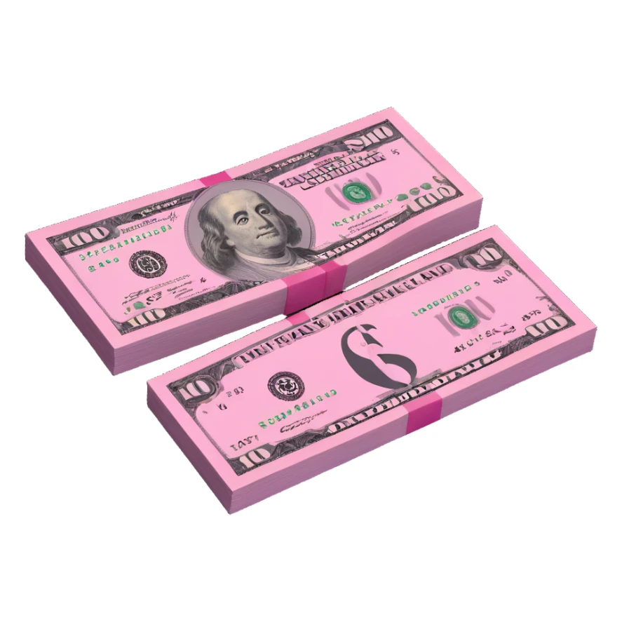 $100 bill in 3D emoji style, white with pink highlights, clean and fresh sticker