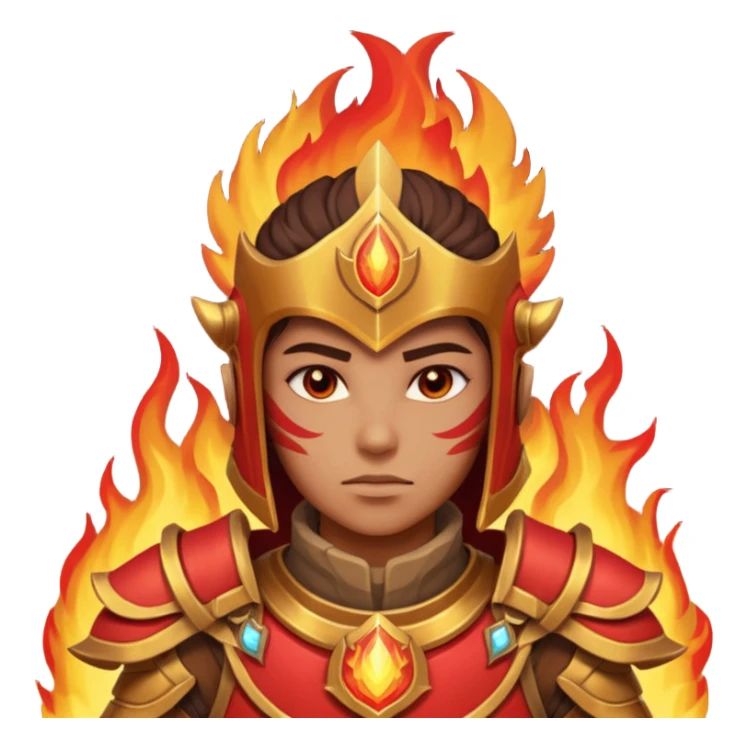 desert fire warrior portrait, head and shoulders only, red-gold armor collar, glowing fire accents, powerful gaze, fantasy desert vibe, 3D cartoon, mobile game icon style, clean background, no text, no watermark
 sticker