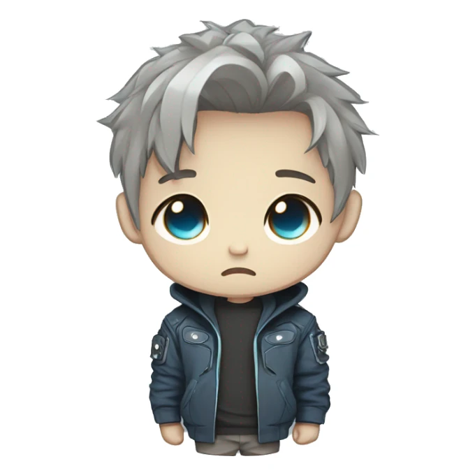 logo illustrated boy skull BORED, chibi anime style, head and shoulders only, light brown eyes, short gray hair, cyberpunk jacket with blue colors, flashing background. sticker