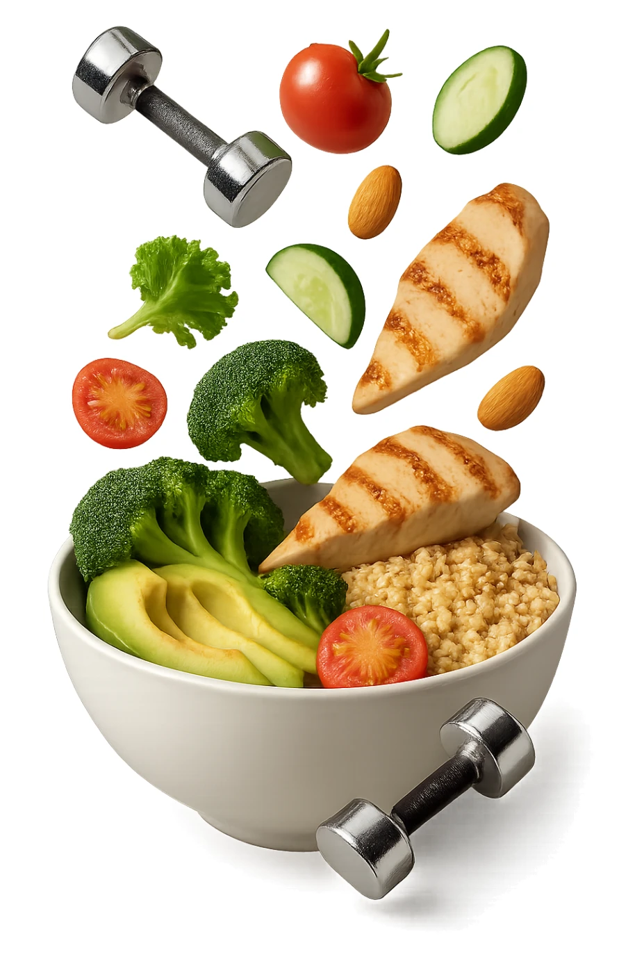 bowl bianca con cibo sano che cade dall'alto insieme a piccoli manubri da palestra in 3d, iperrealistica 4k sticker